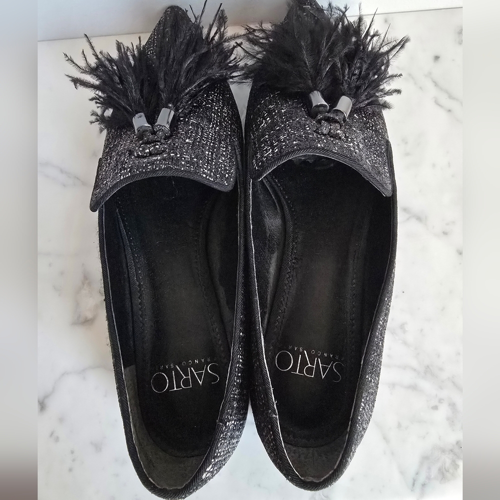 Franco Sarto TOPAZ Black Tweed Shimmer Feather Tassel Point Toe Flats Size 7 - Picture 8 of 12
